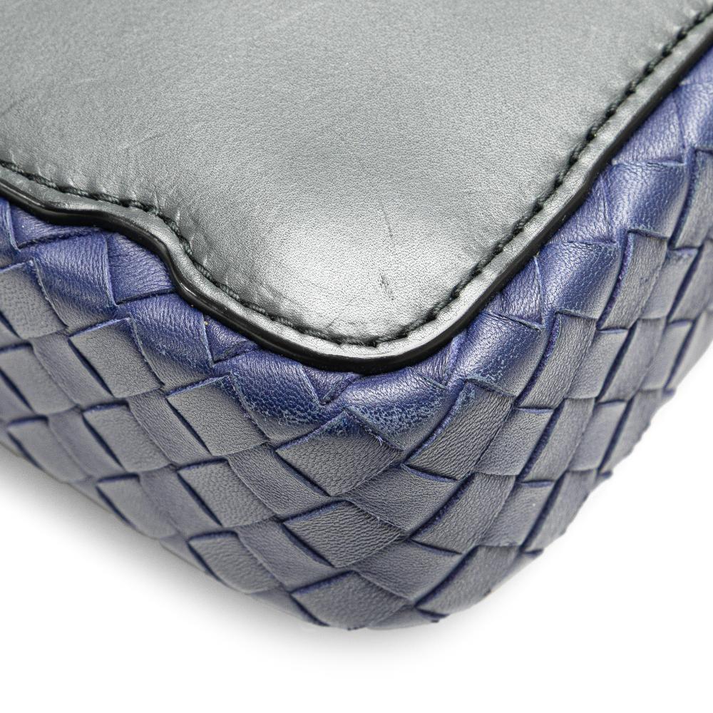 Bottega Veneta B Bottega Veneta Black with Blue Calf Leather Intrecciato Trimmed Crossbody Italy