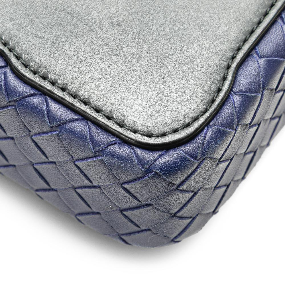 Bottega Veneta B Bottega Veneta Black with Blue Calf Leather Intrecciato Trimmed Crossbody Italy