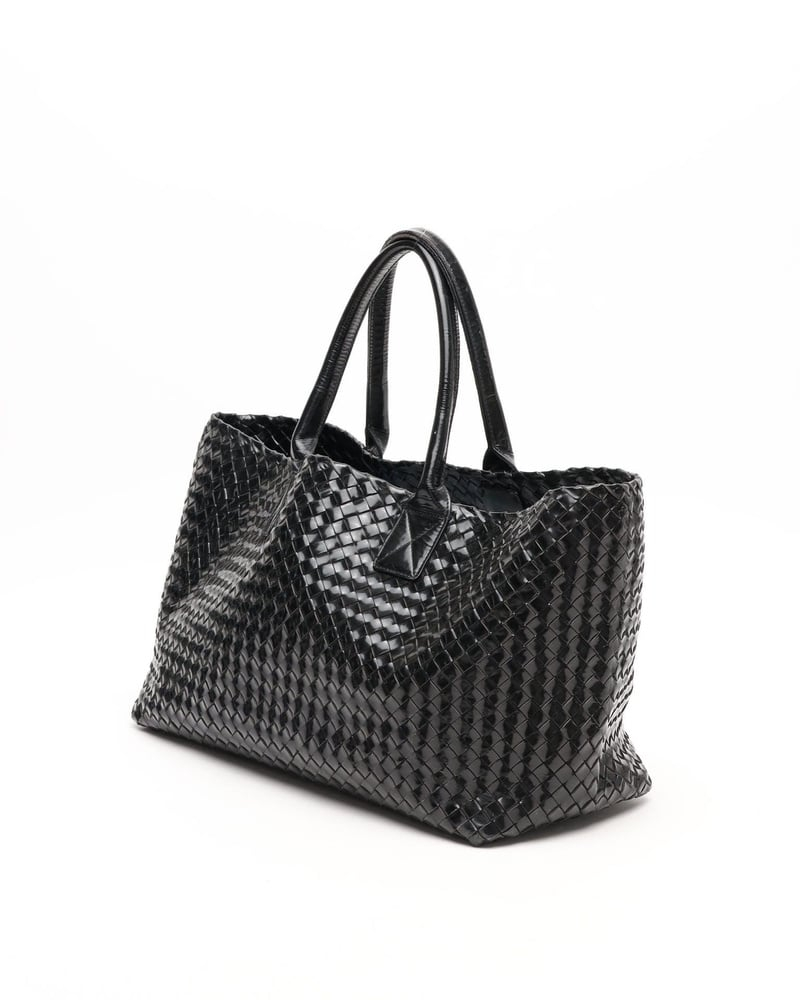 Bottega Veneta Patent Intrecciato Cabat MM Tote Bag