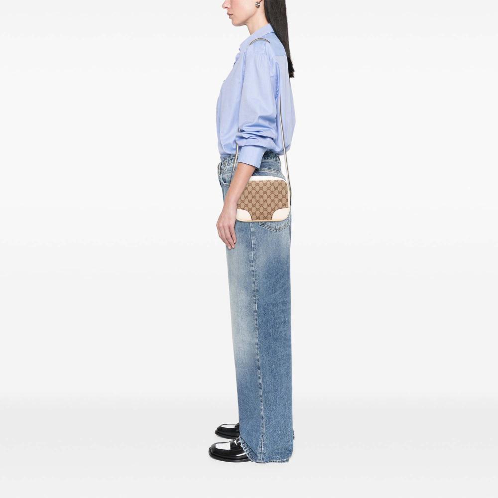 Gucci B Gucci Brown Beige Canvas Fabric GG Bree Crossbody Italy