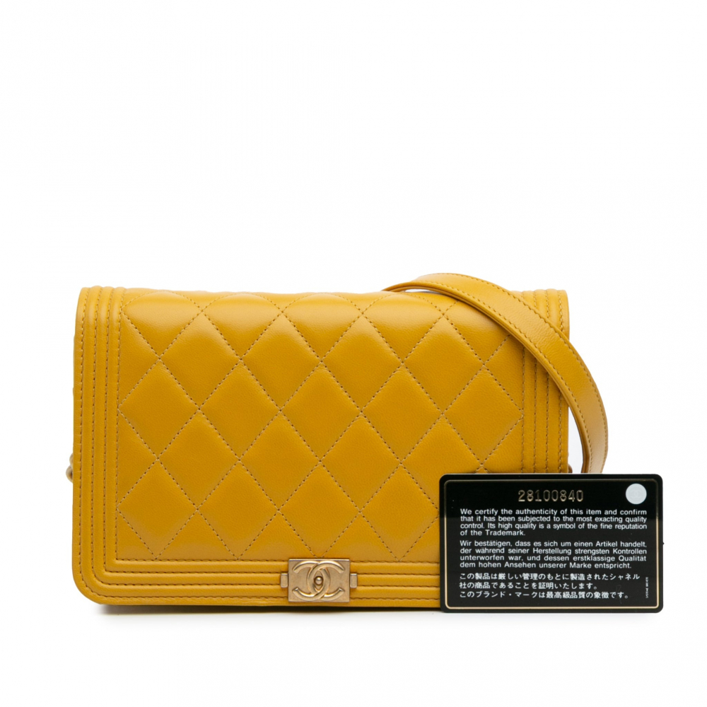 Chanel Boy Quilted Lambskin Leather Wallet on Chain Crossbody Yellow