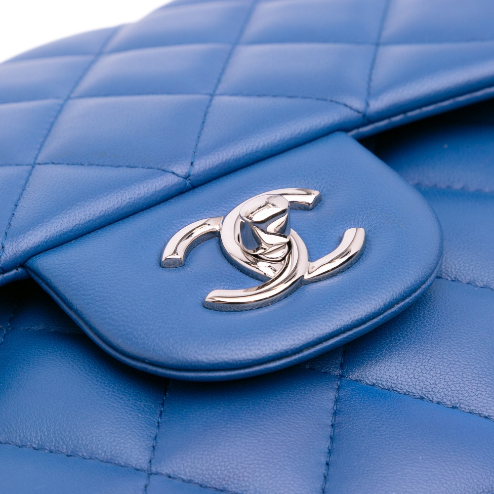 Chanel Classic Double Flap Jumbo Lambskin Leather Matelassè Handbag Blue