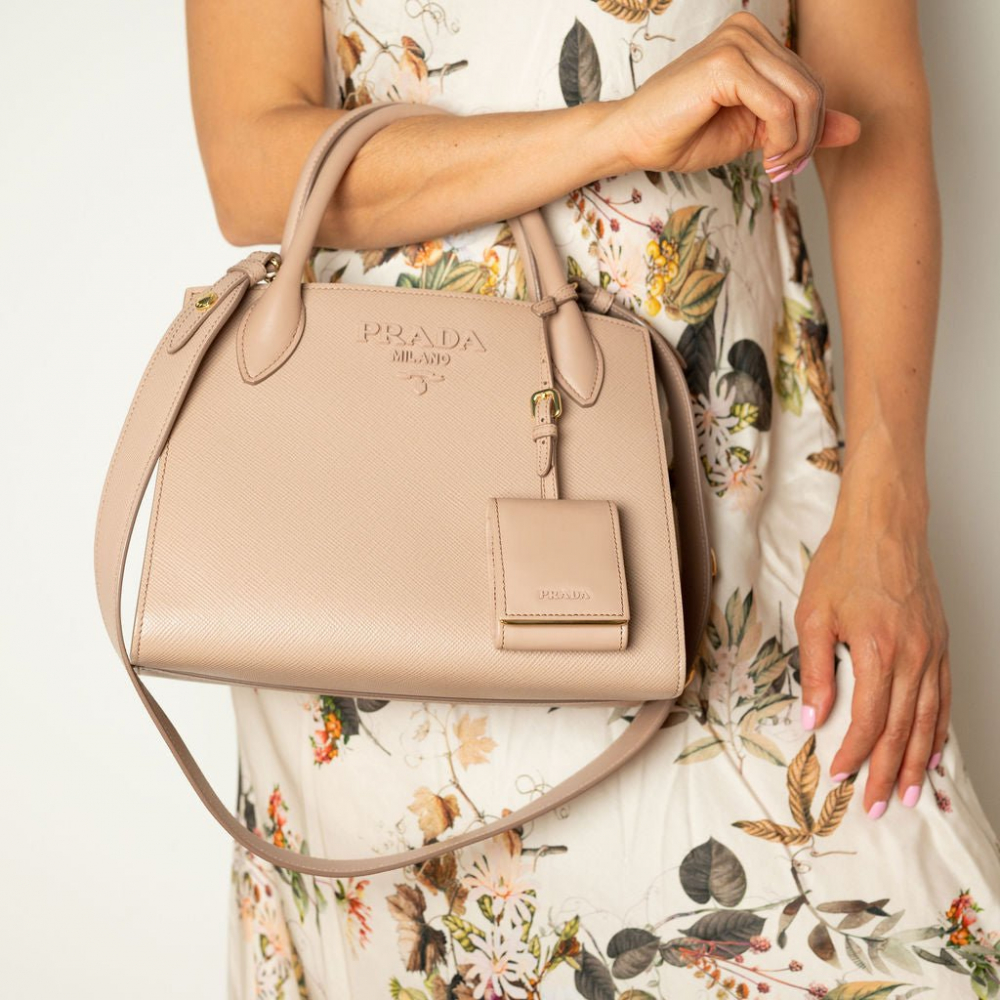 Prada Monochrome Saffiano Leather Tote Handbag Beige Pink