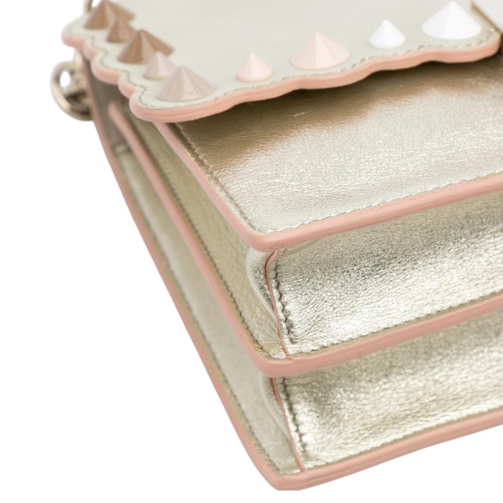 Fendi B Fendi Silver Calf Leather Small Scalloped Metallic skin Studded Pearl Kan I Crossbody Italy