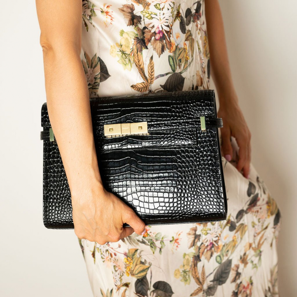 Saint Laurent Paris Manhattan Leather Crocodile-Embossed Flap Clutch Black