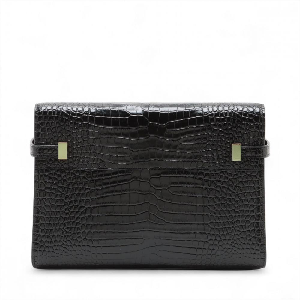 Saint Laurent Paris Manhattan Leather Crocodile-Embossed Flap Clutch Black