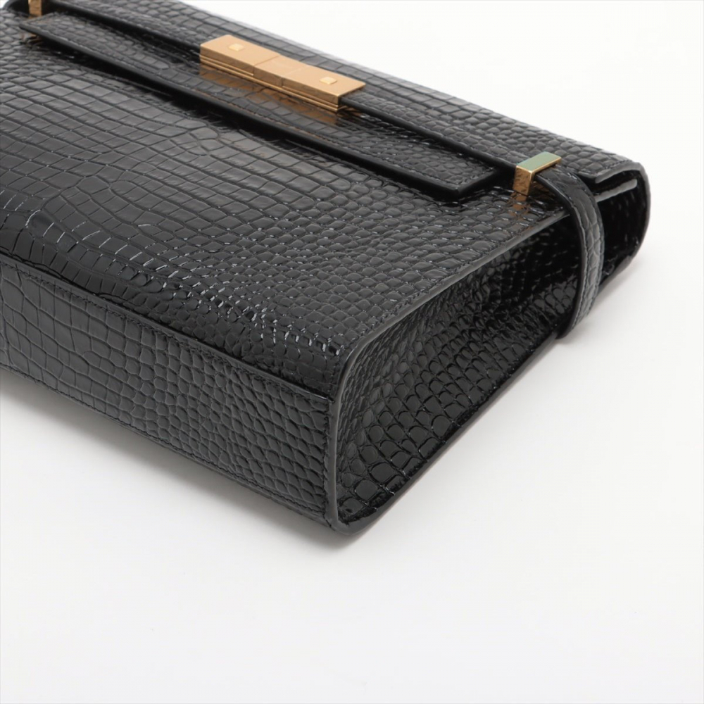 Saint Laurent Paris Manhattan Leather Crocodile-Embossed Flap Clutch Black