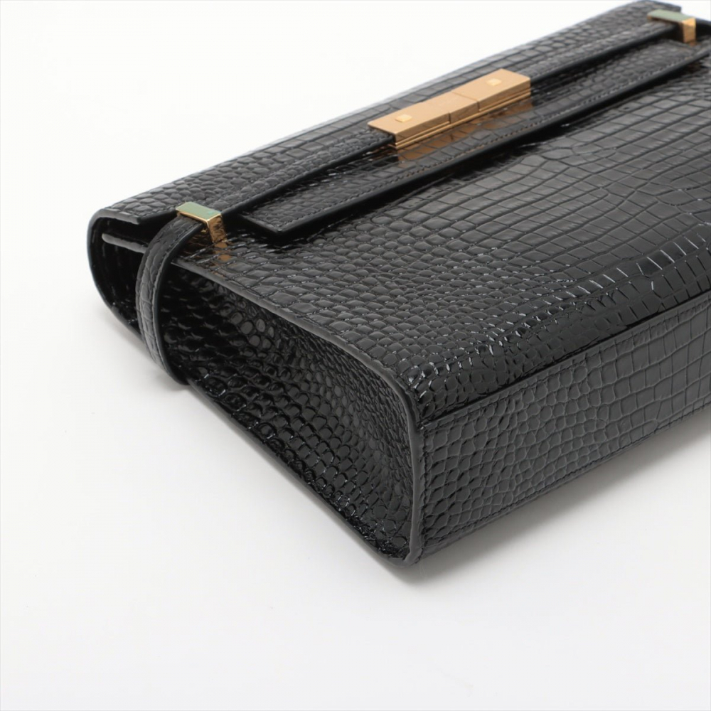 Saint Laurent Paris Manhattan Leather Crocodile-Embossed Flap Clutch Black