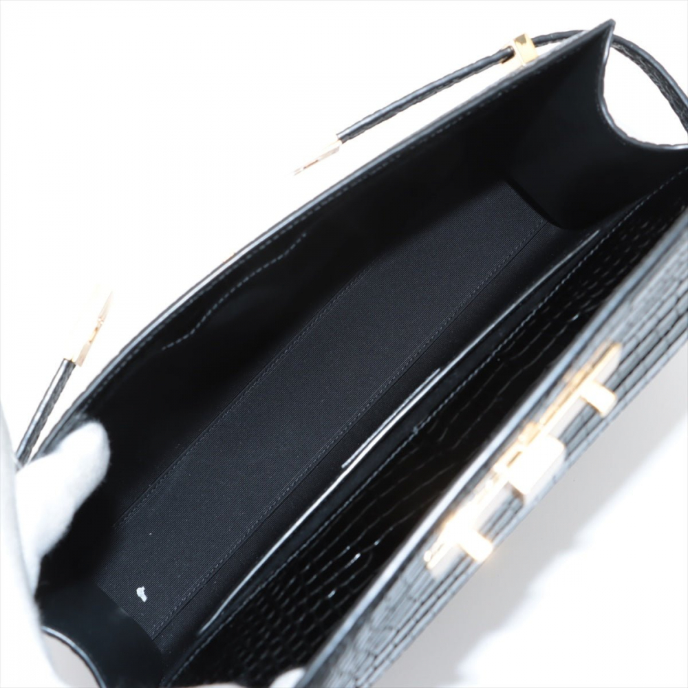 Saint Laurent Paris Manhattan Leather Crocodile-Embossed Flap Clutch Black