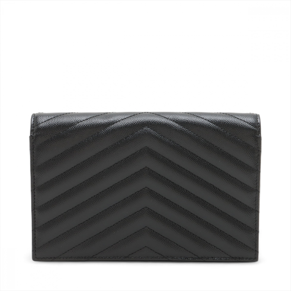 Saint Laurent Cassandre Envelope Grained Calfskin Leather Chevron Quilted Wallet on Chain Shoulder Bag Black