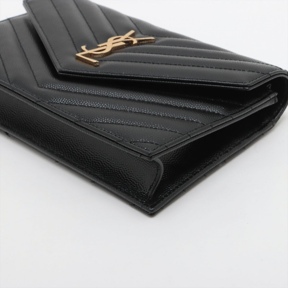 Saint Laurent Cassandre Envelope Grained Calfskin Leather Chevron Quilted Wallet on Chain Shoulder Bag Black
