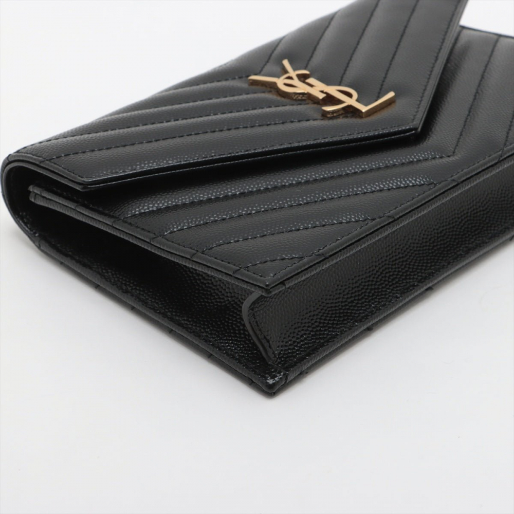 Saint Laurent Cassandre Envelope Grained Calfskin Leather Chevron Quilted Wallet on Chain Shoulder Bag Black