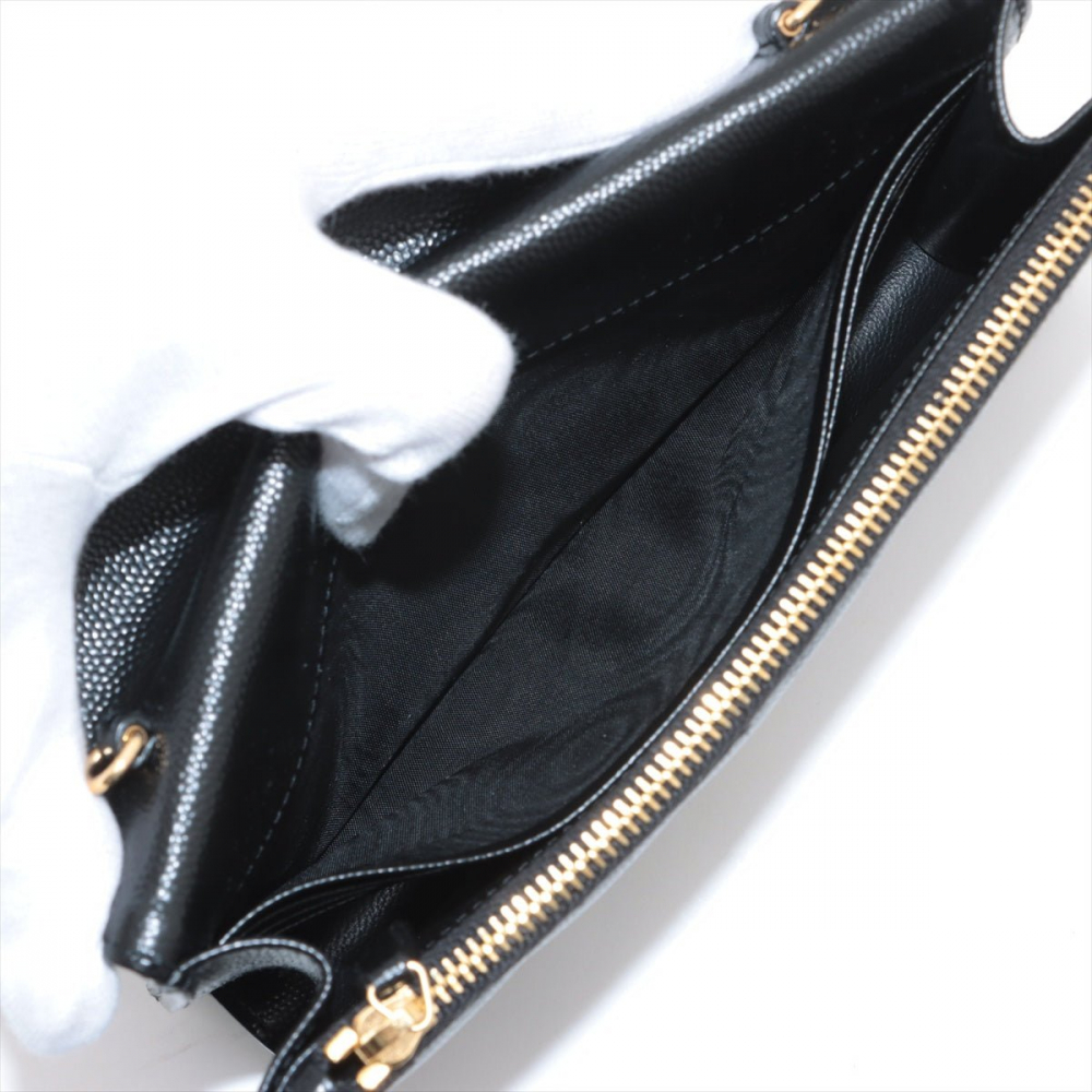 Saint Laurent Cassandre Envelope Grained Calfskin Leather Chevron Quilted Wallet on Chain Shoulder Bag Black