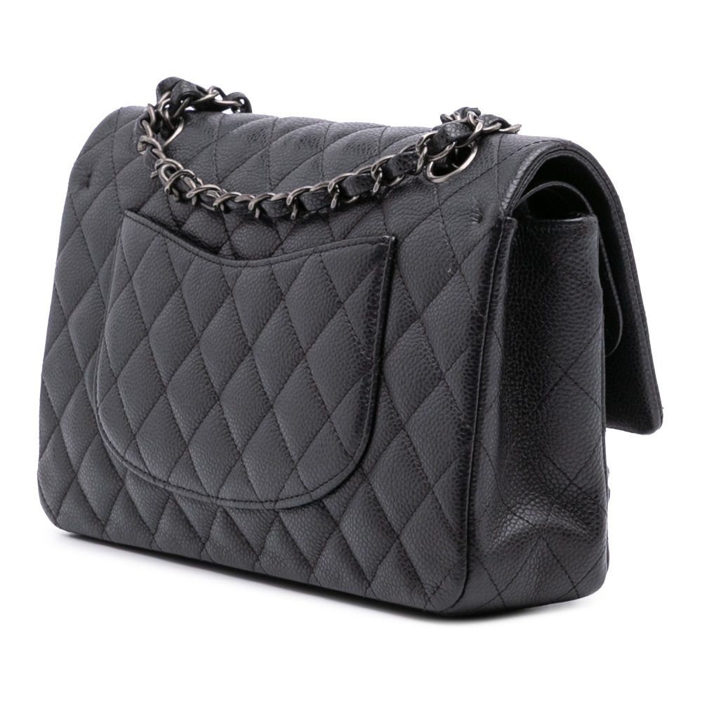 Chanel Classic Double Flap Medium Caviar Leather Matelassè Shoulder Bag Black