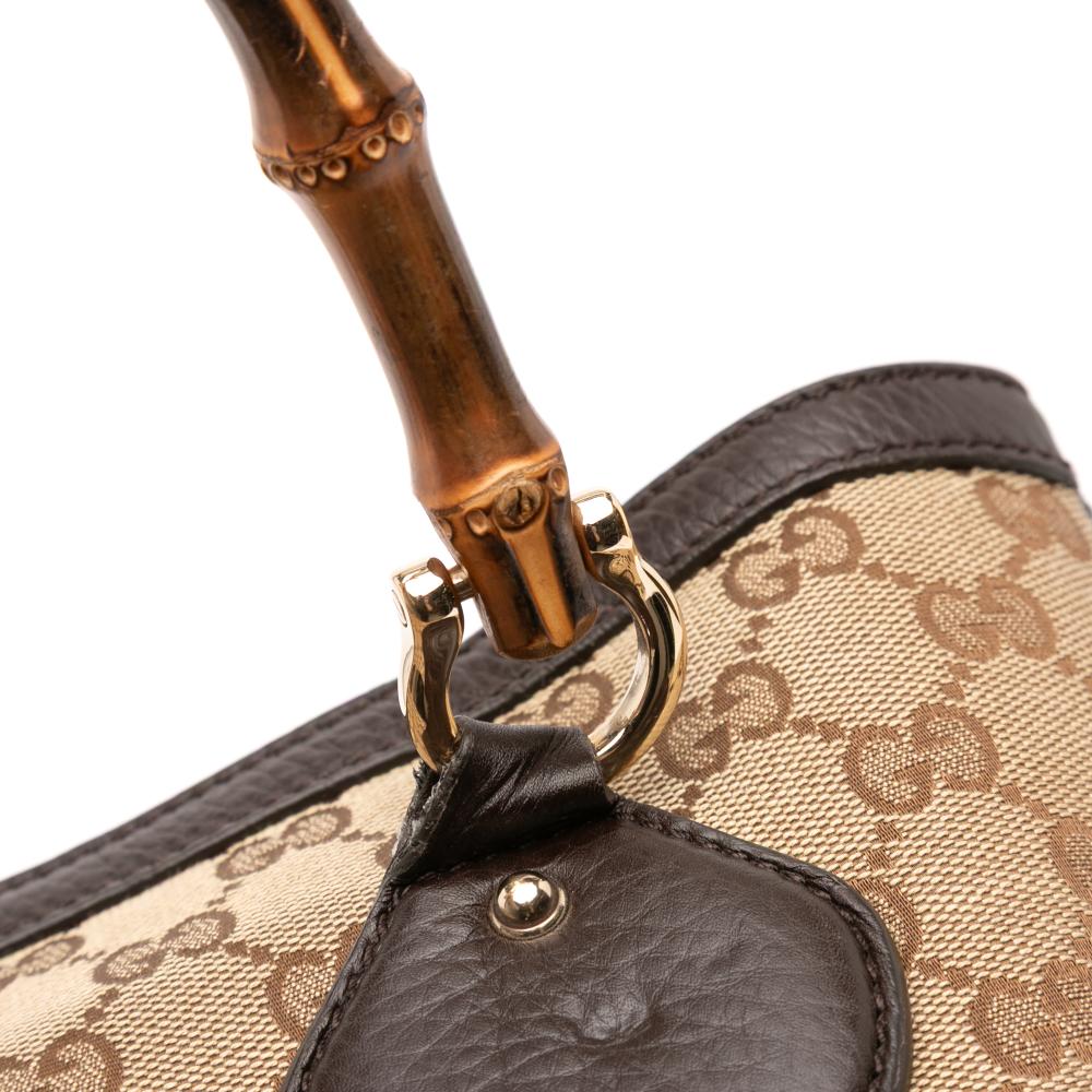 Gucci B Gucci Brown Beige Canvas Fabric Medium GG Bamboo Diana Tote Italy