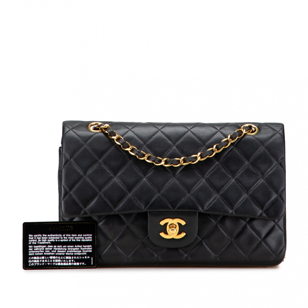 Chanel Vintage Classic Double Flap Medium Lambskin Leather Matelassè Shoulder Bag Black