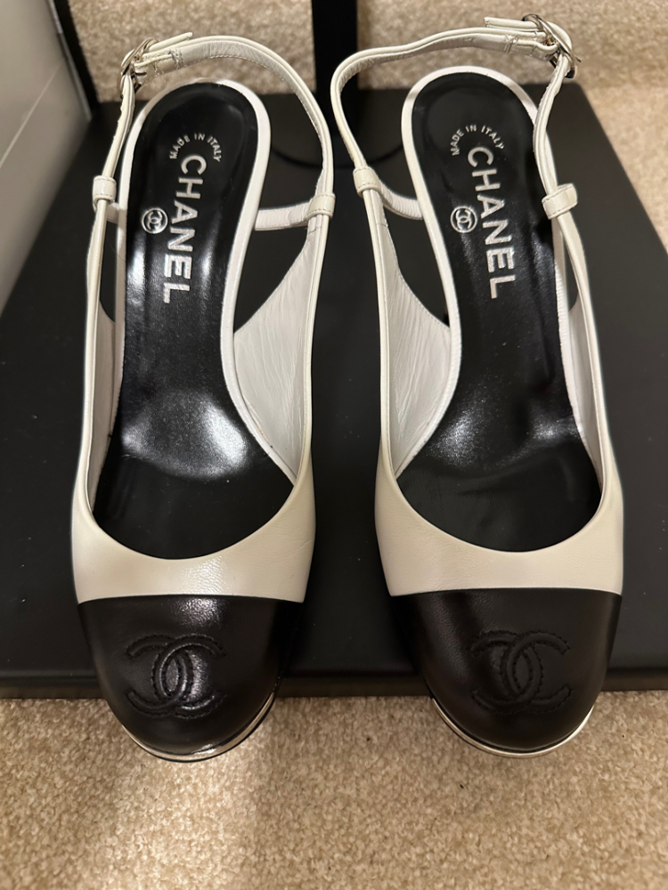 Chanel Black and white sling back heels