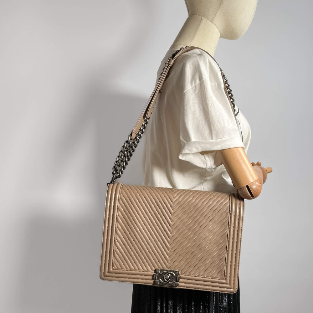 Chanel Boy Large 30 Chevron Calfskin Leather 2-Ways Flap Bag Beige