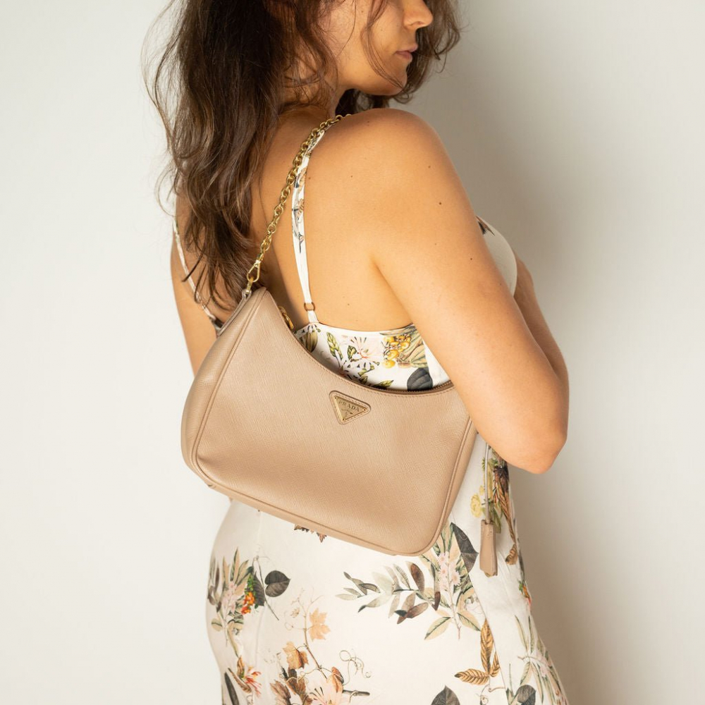 Prada Re-Edition 2005 Leather Pouch Crossbody Beige