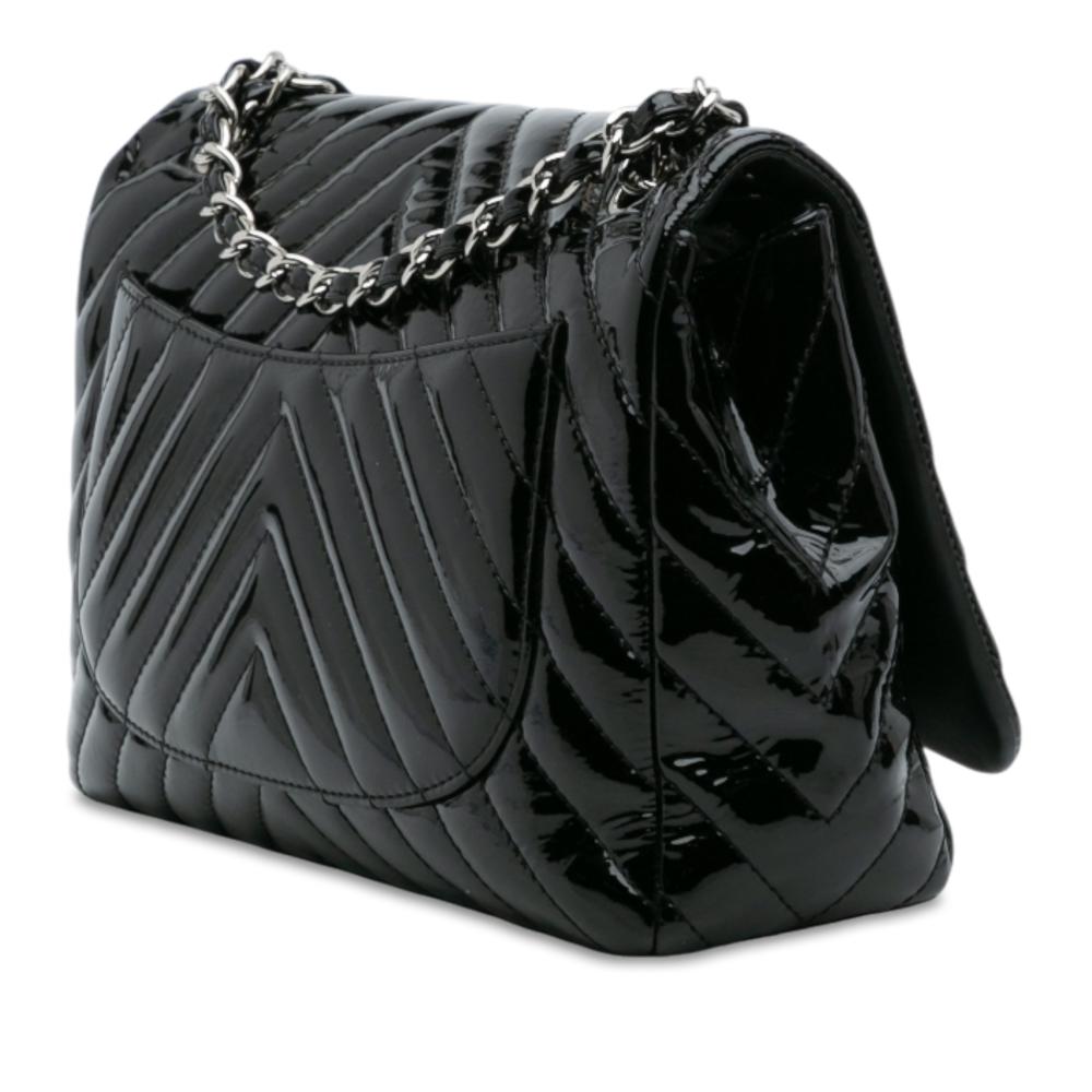 Chanel B Chanel Black Patent Leather Leather Jumbo Classic Chevron Patent Single Flap Italy