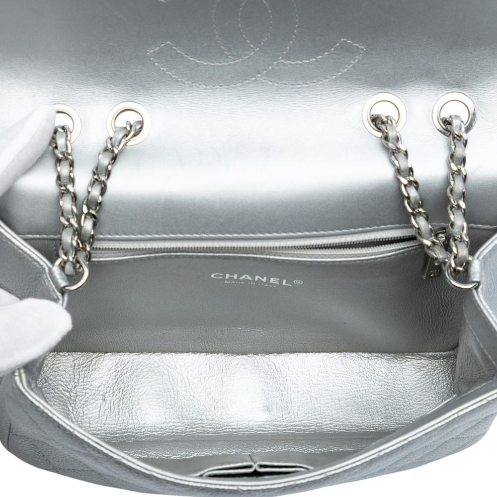 Chanel B Chanel Silver Caviar Leather Leather Small Quilted Metallic Caviar CC Filigree Flap Italy
