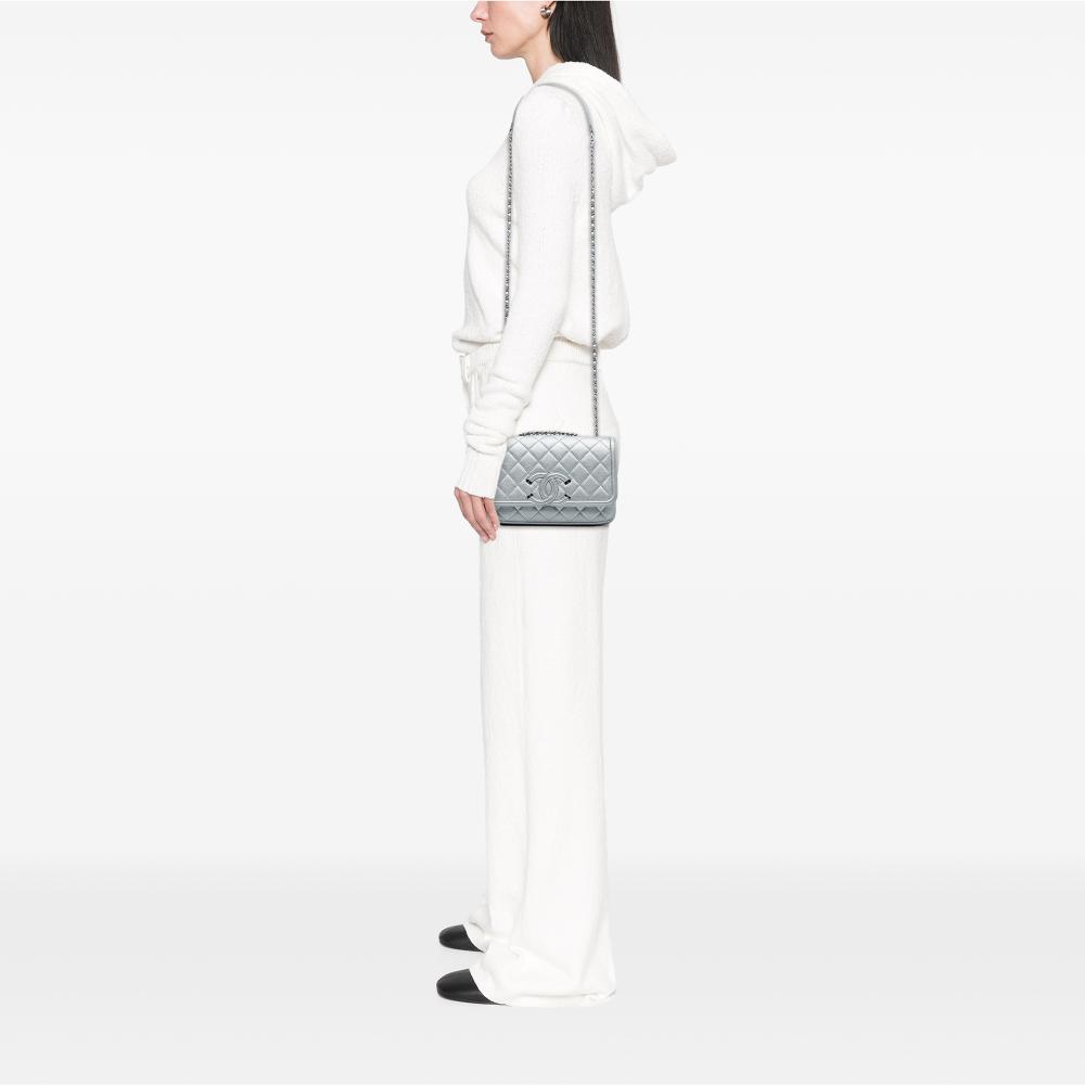 Chanel B Chanel Silver Caviar Leather Leather Small Quilted Metallic Caviar CC Filigree Flap Italy