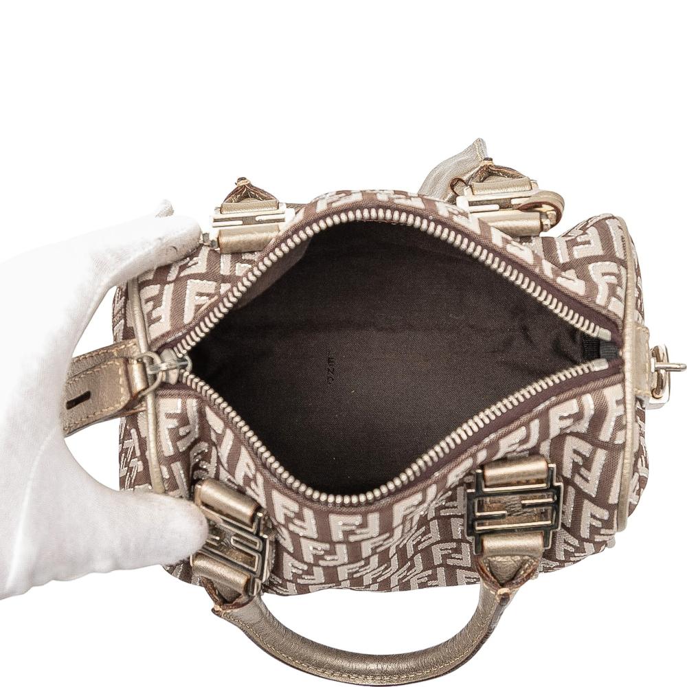 Fendi AB Fendi Brown Canvas Fabric Mini Zucchino Forever Bauletto Boston Bag Italy