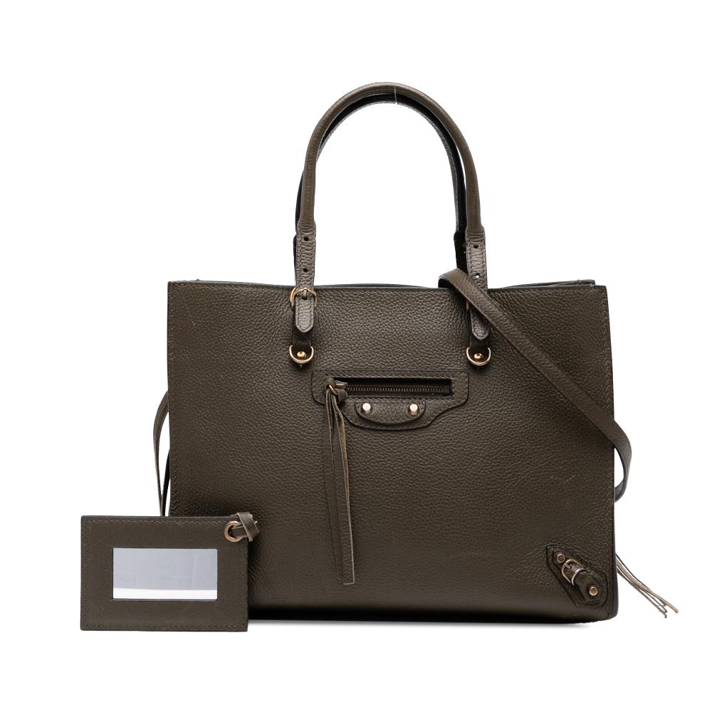 Balenciaga B Balenciaga Brown Dark Khaki Calf Leather Veau Papier A6 Zip Around Satchel Italy