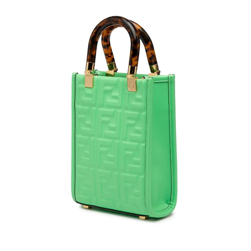 Fendi AB Fendi Green Light Green Calf Leather Mini Zucca Embossed Sunshine Shopper Tote Italy