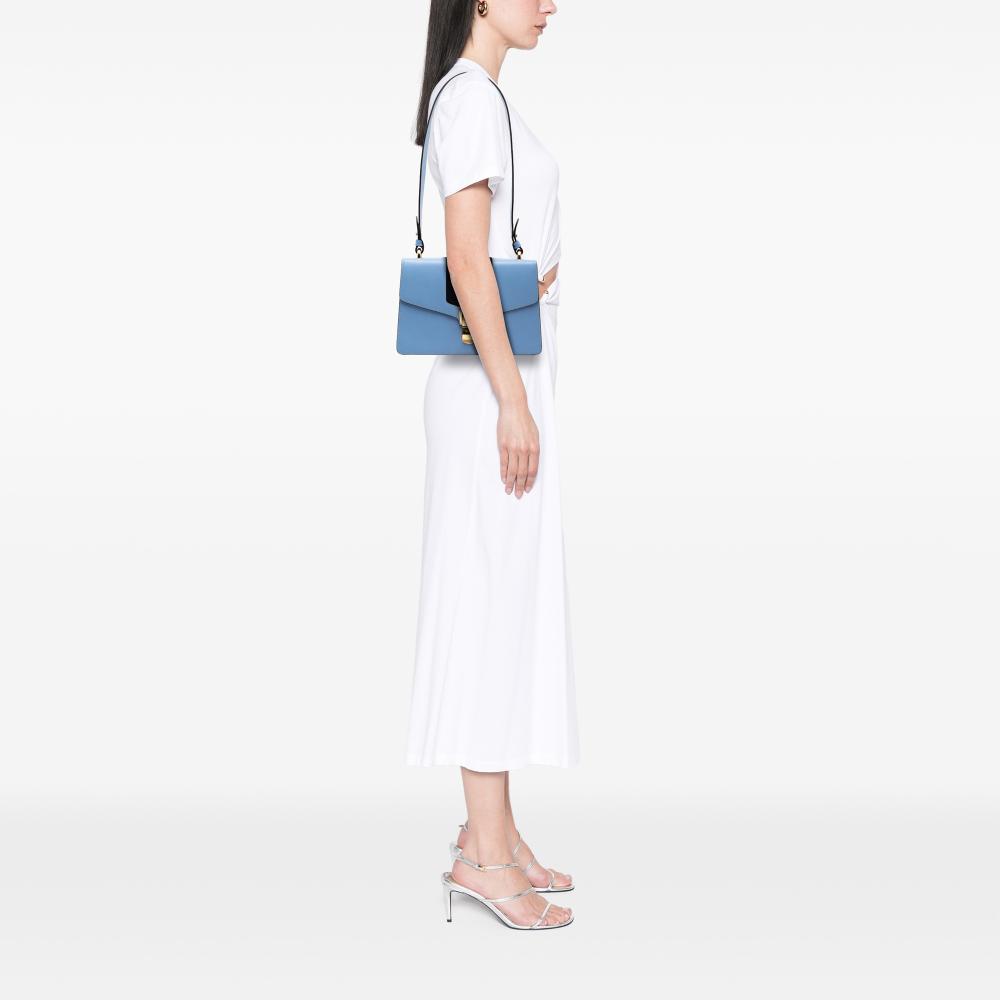Gucci B Gucci Blue Light Blue Calf Leather Small Sylvie Web Satchel Italy