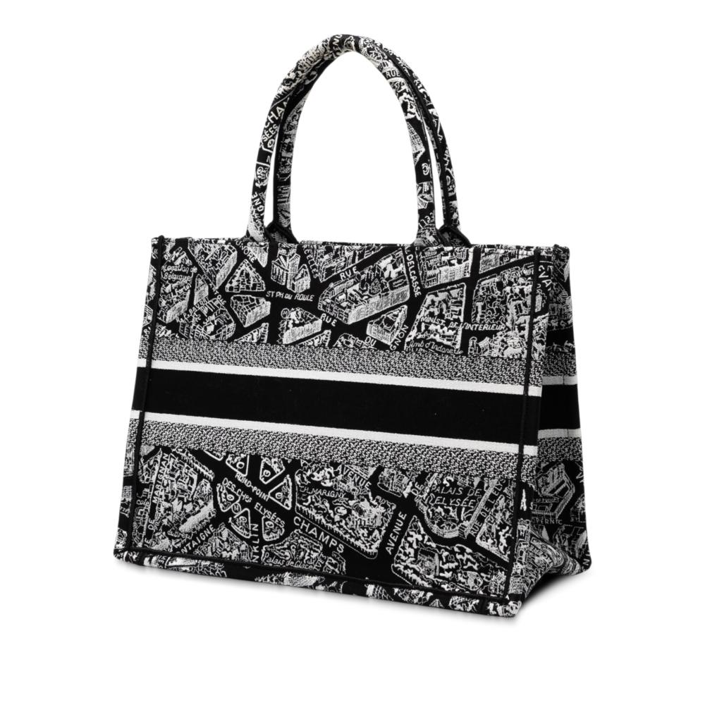 Christian Dior B Dior Black Canvas Fabric Medium Embroidered Plan De Paris Book Tote Italy
