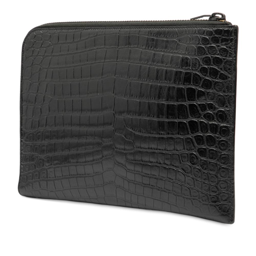Saint Laurent B Saint Laurent Black Calf Leather Croc Embossed Clutch Italy