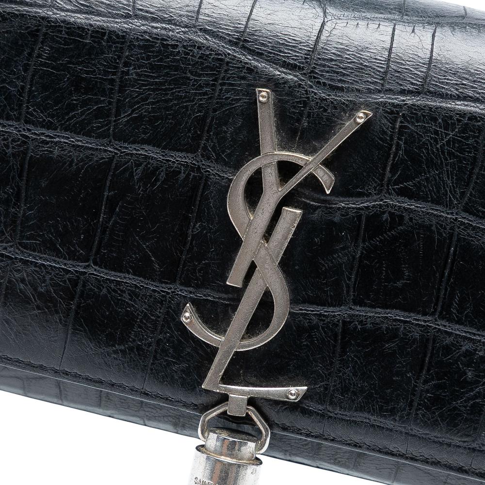 Saint Laurent B Saint Laurent Black Calf Leather Small Croc Embossed Monogram Kate Tassel Crossbody Italy