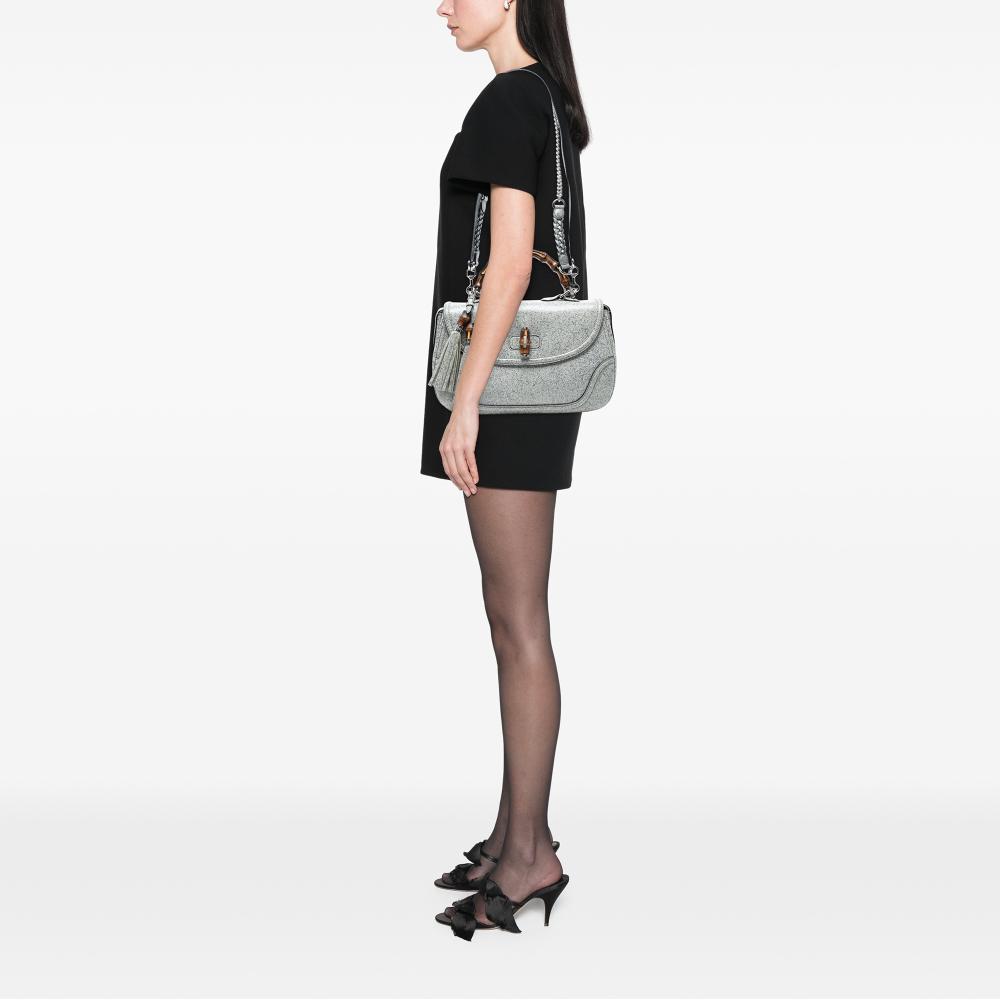 Gucci B Gucci Gray Calf Leather Large Speckled New Bamboo Top Handle Bag Italy
