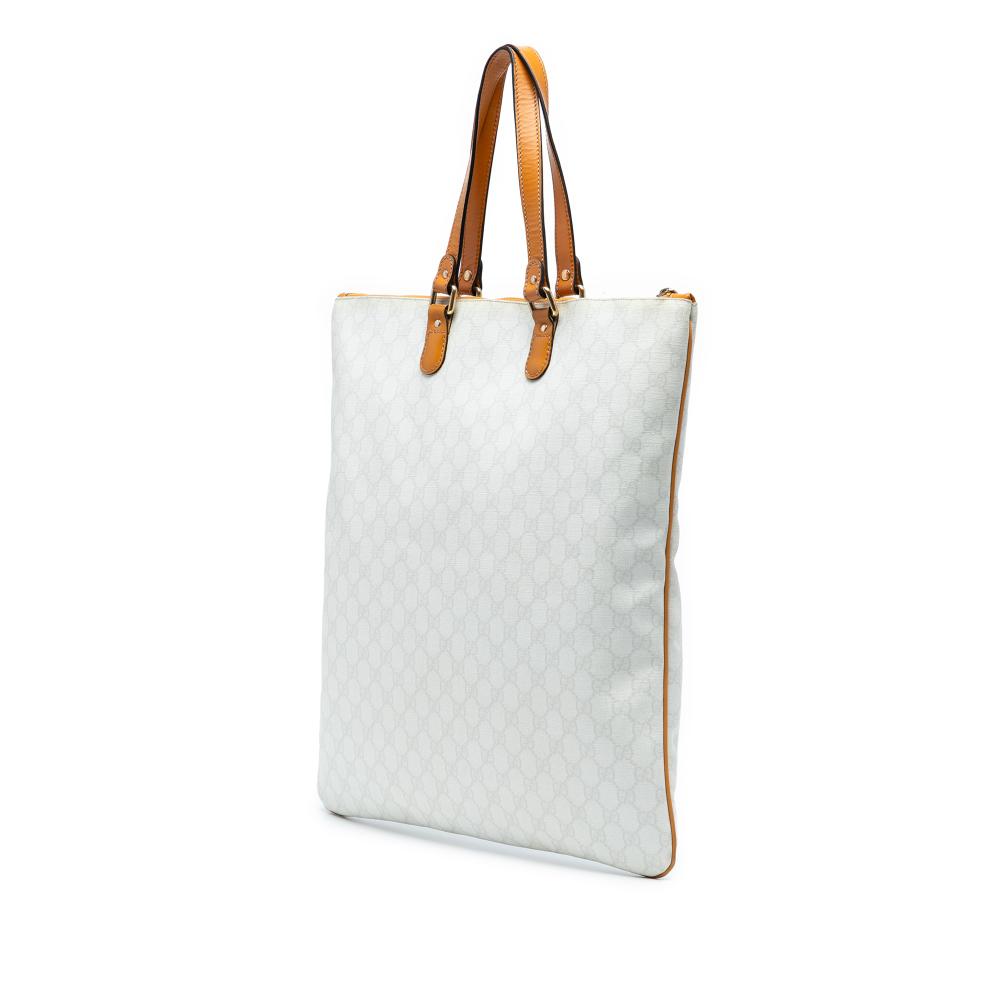 Gucci B Gucci White Coated Canvas Fabric GG Supreme Heritage Logo Flat Zip Tote Italy