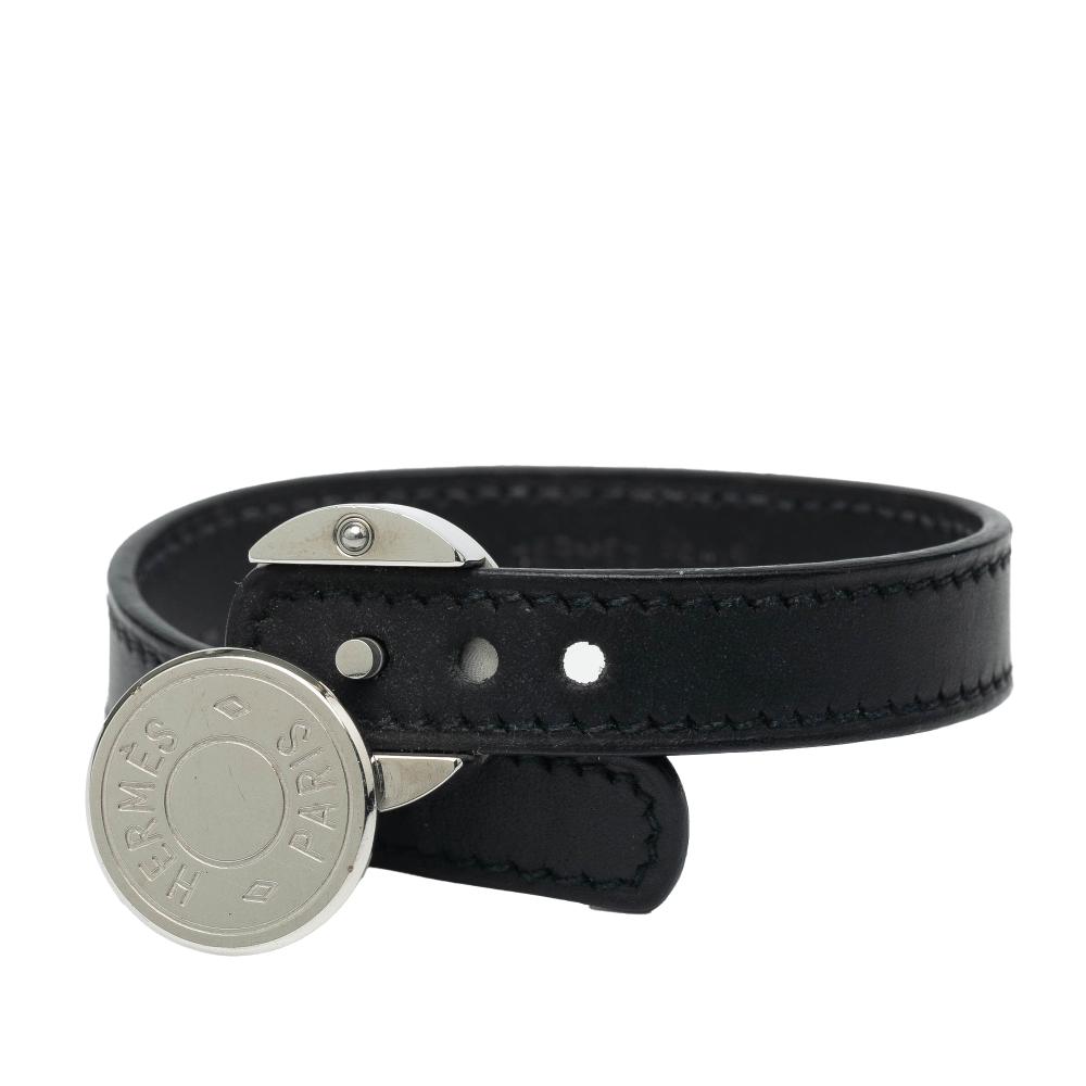 Hermès AB Hermès Black with Silver Calf Leather Swift Clou de Selle Looping Bracelet France