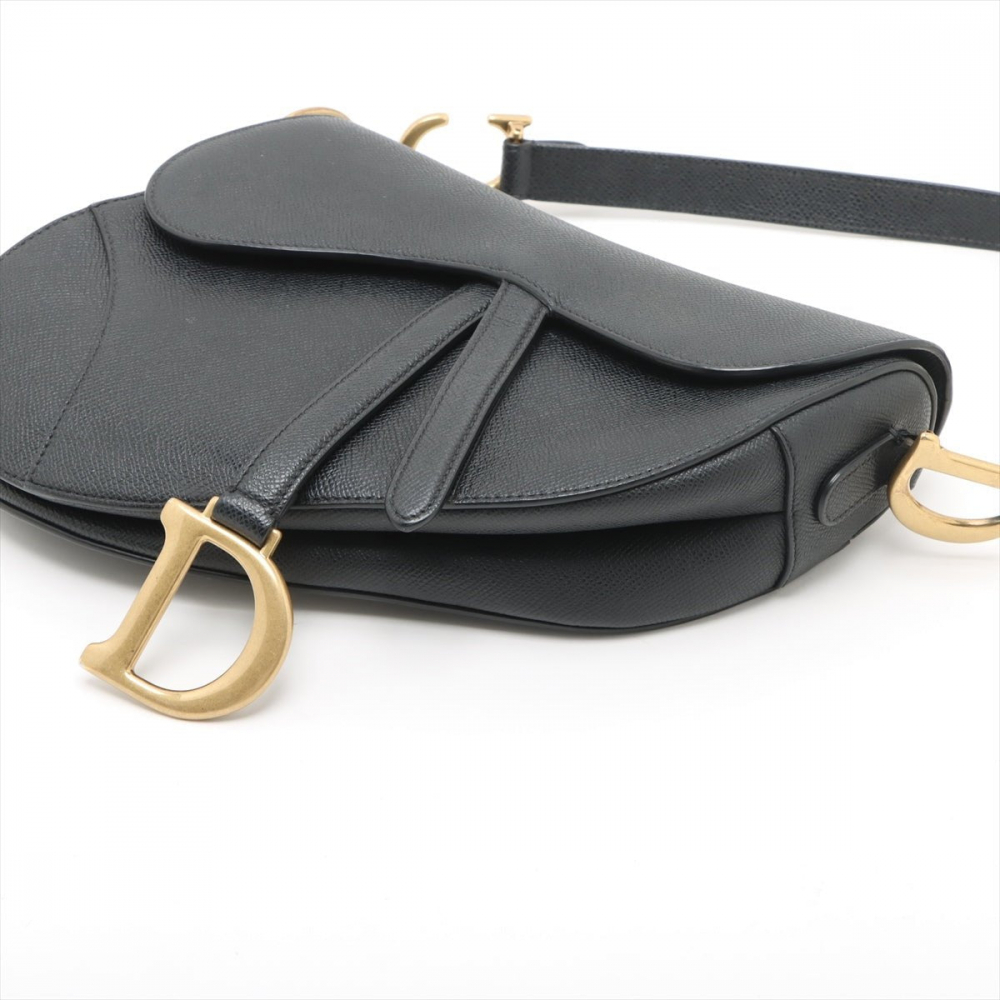 Christian Dior Saddle Grained Calfskin Leather with Strap Handbag Black