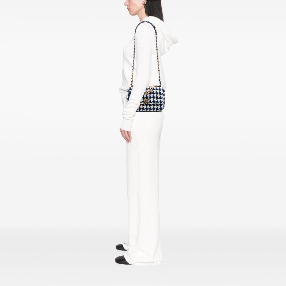 Chanel B Chanel Blue Navy Tweed Fabric Medium Houndstooth 19 Flap Italy