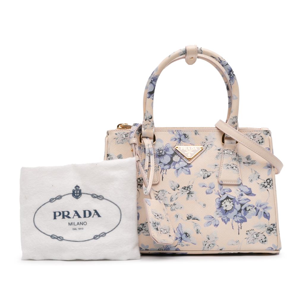 Prada AB Prada Pink Light Pink Saffiano Leather Small Lux Galleria Floral Print Double Zip Satchel Italy