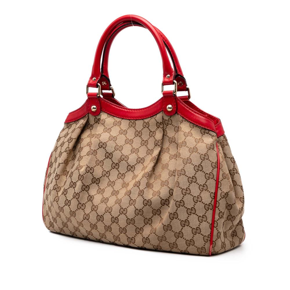 Gucci B Gucci Brown Beige with Red Canvas Fabric Medium GG Sukey Tote Italy