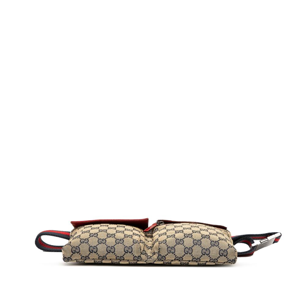 Gucci B Gucci Brown Beige with Red Canvas Fabric GG Web Double Pocket Belt Bag Italy