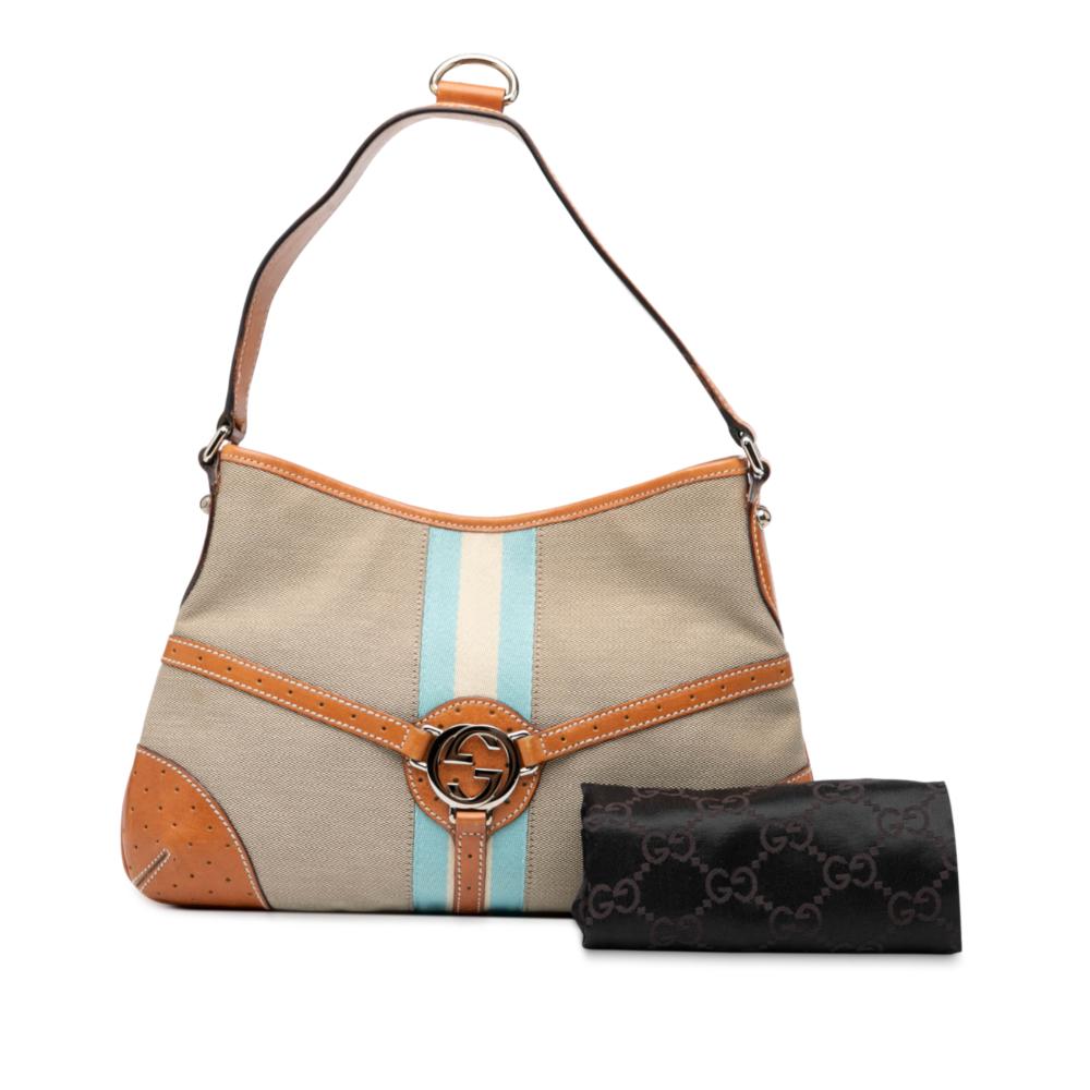 Gucci B Gucci Brown Beige Canvas Fabric Web Reins Shoulder Bag Italy