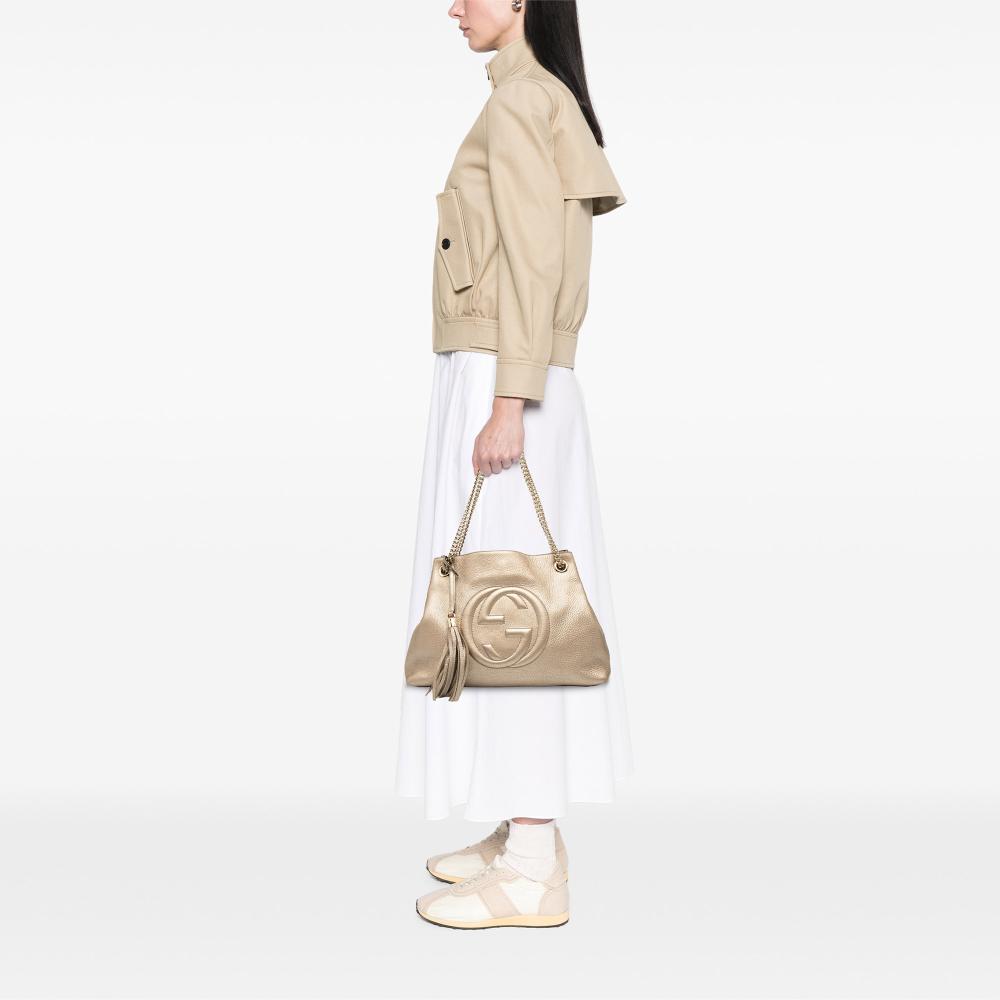 Gucci B Gucci Gold Light Gold Calf Leather Medium Metallic Soho Chain Tote Italy