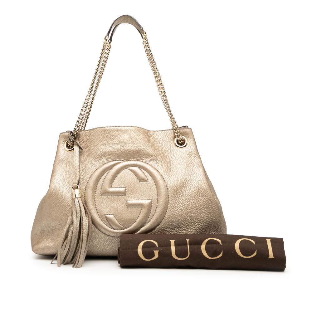 Gucci B Gucci Gold Light Gold Calf Leather Medium Metallic Soho Chain Tote Italy