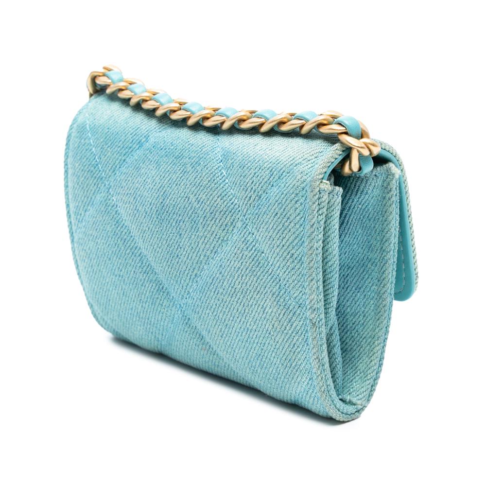 Chanel B Chanel Blue Light Blue Denim Fabric Quilted 19 Card Holder with Chain Italy