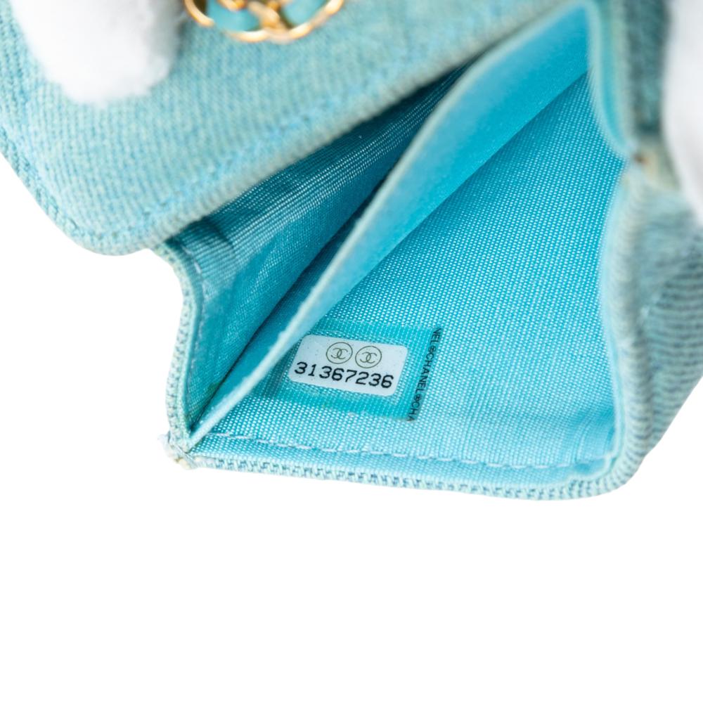 Chanel B Chanel Blue Light Blue Denim Fabric Quilted 19 Card Holder with Chain Italy