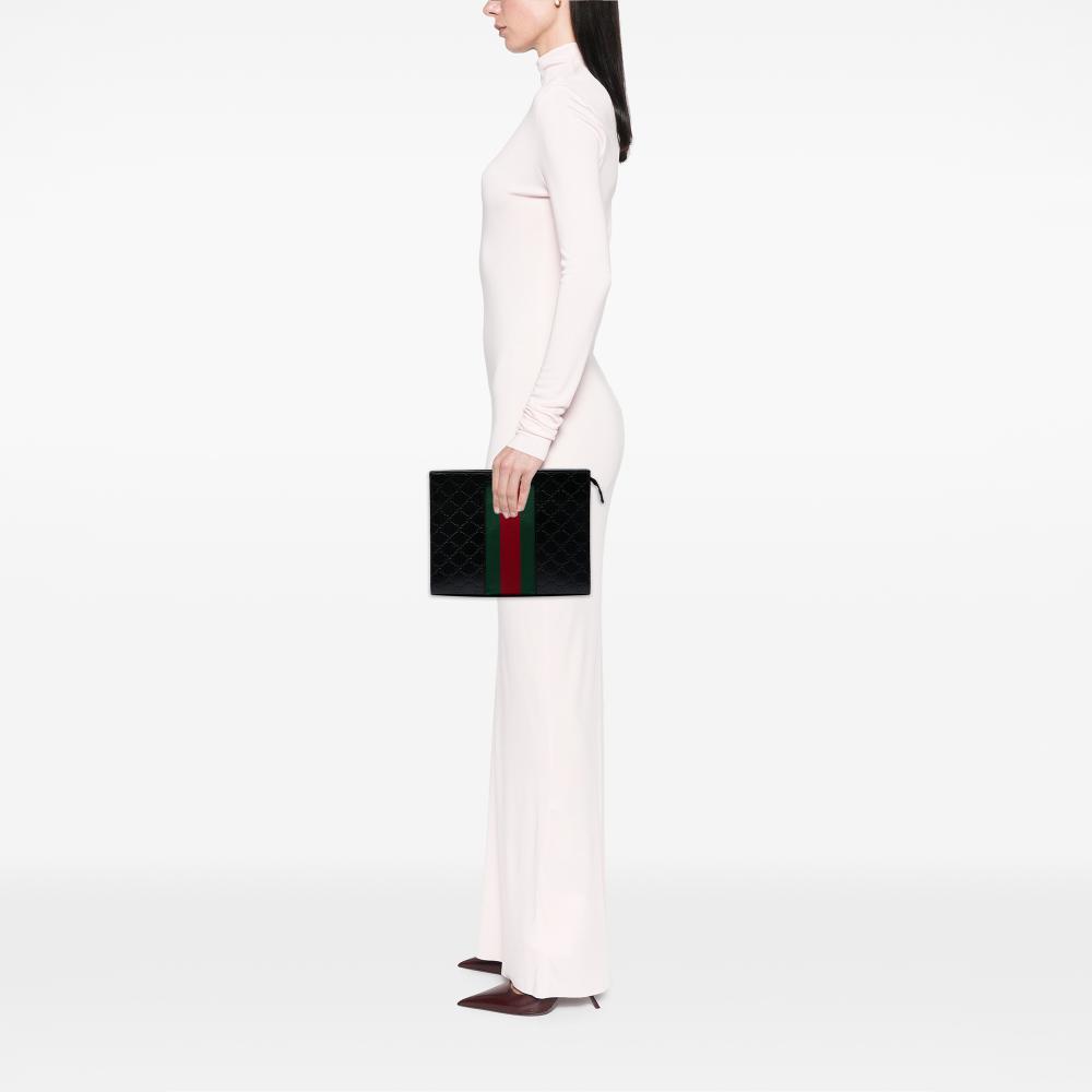 Gucci AB Gucci Black Calf Leather Guccissima Web Clutch Italy