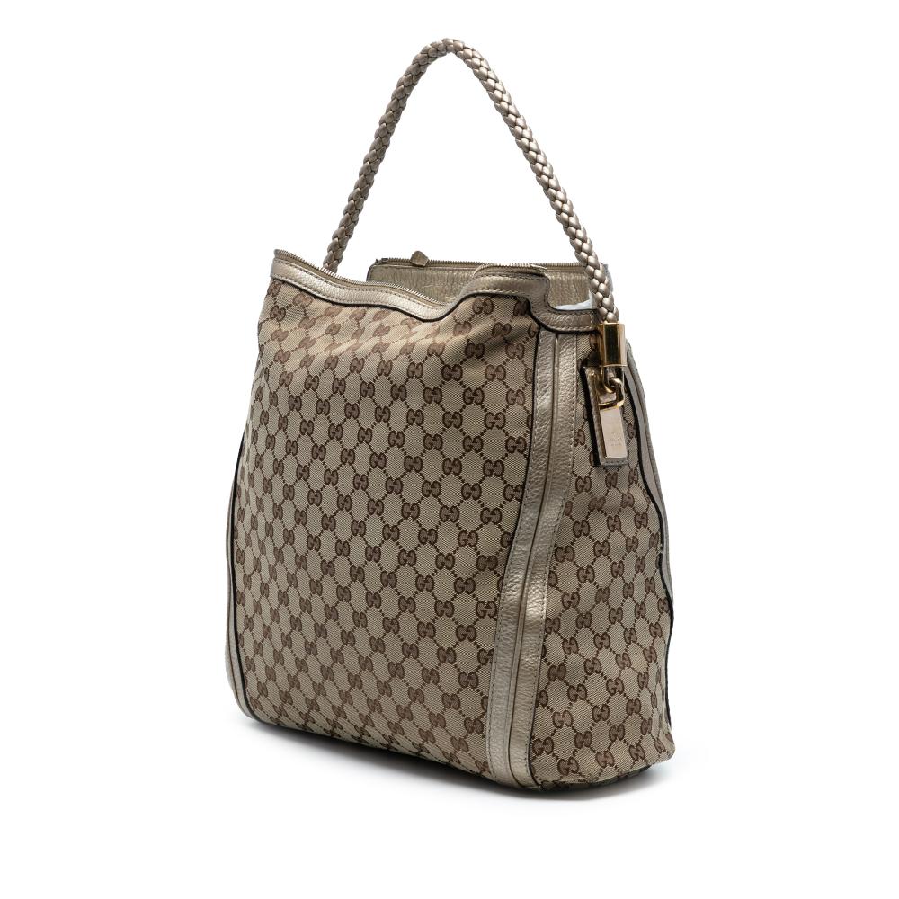 Gucci B Gucci Brown Beige with Gold Light Gold Canvas Fabric Large GG Bella Shoulder Bag Italy