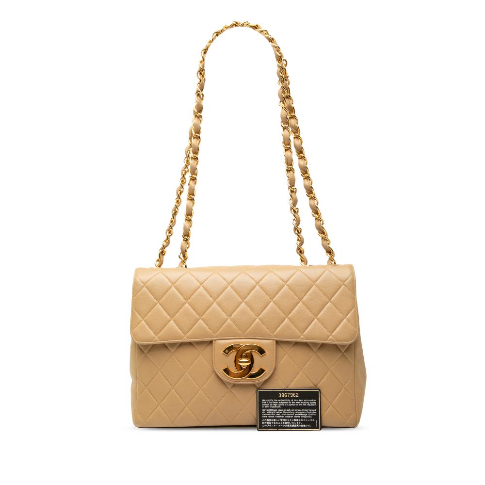Chanel B Chanel Brown Beige Lambskin Leather Leather Jumbo XL Classic Lambskin Single Flap France