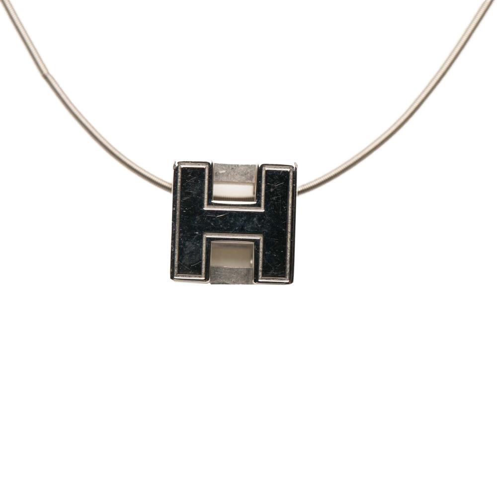 Hermès B Hermès White Ivory with Silver Enamel Other Palladium Plated Cage dH Cube Necklace France